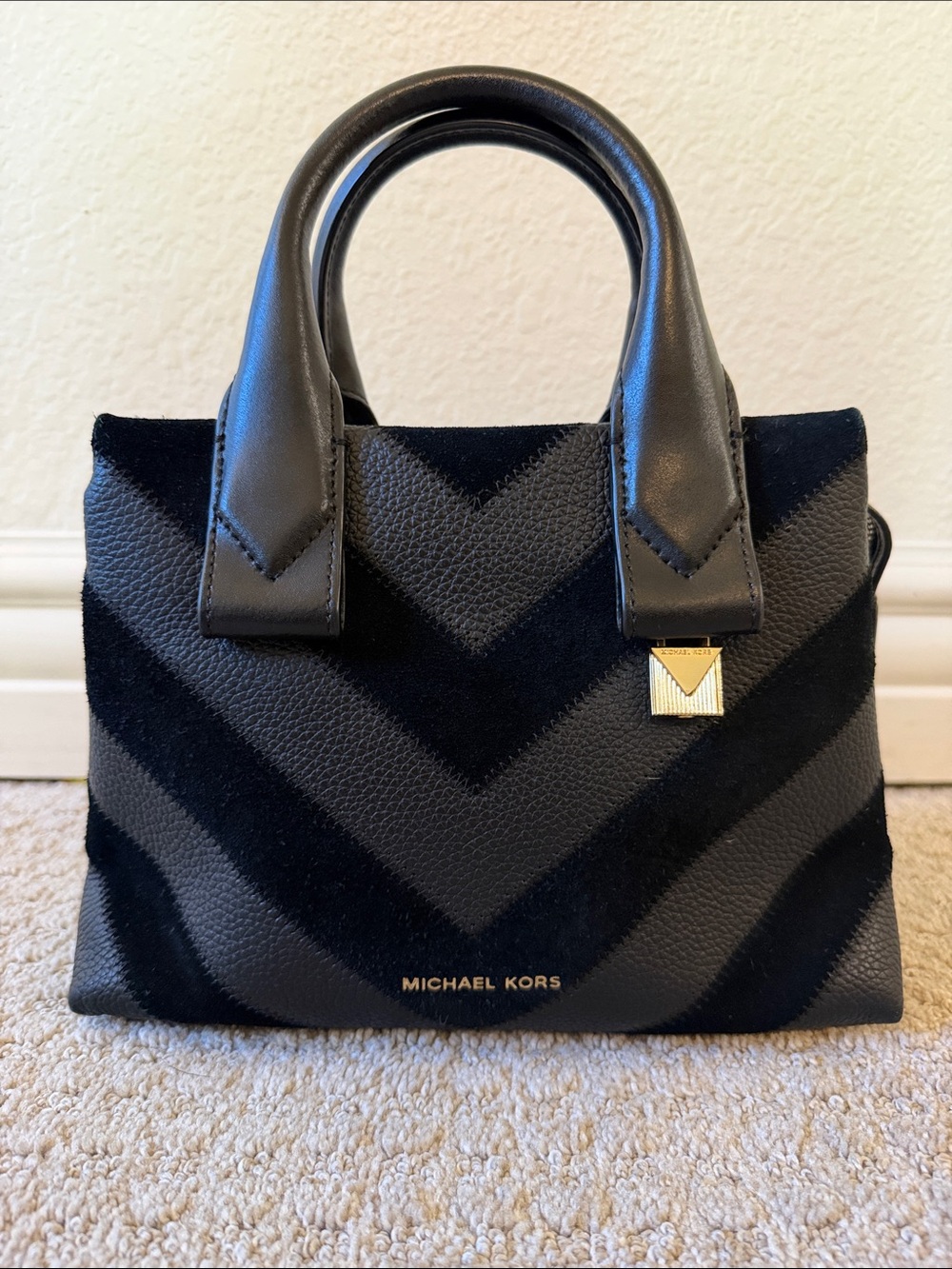 Michael Kors Rollins Small Chevron Satchel Top Handle Bag Black Purse